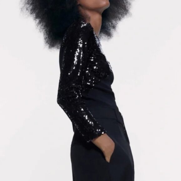 🎄 NWOT 🛍️ ZARA WOMEN’S LUXURY SEQUINS BLACK LONG SLEEVE TOP SMALL S - Picture 5 of 6